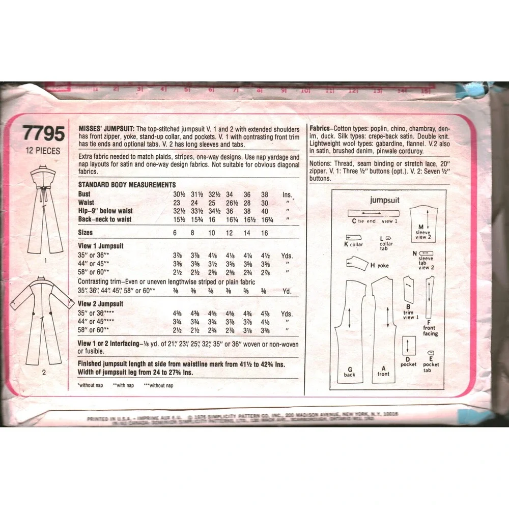 Vintage Simplicity 7795 Sewing Pattern 70s Jumpsuit Misses Size 10 12 Retro Boho